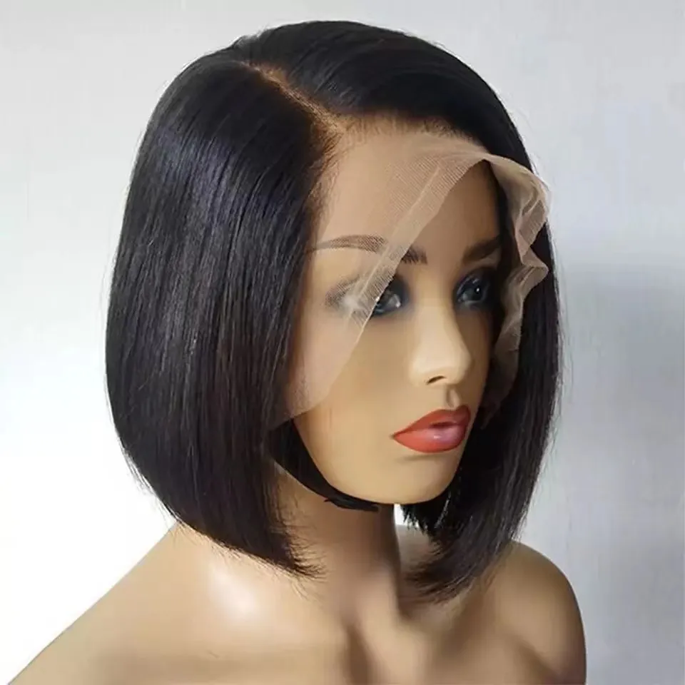 Short Straight Black Bob Wig Lace Front High Temperature Fiber Heat Resistant Synthetic Hair For Women Daily Wear Natural Looking