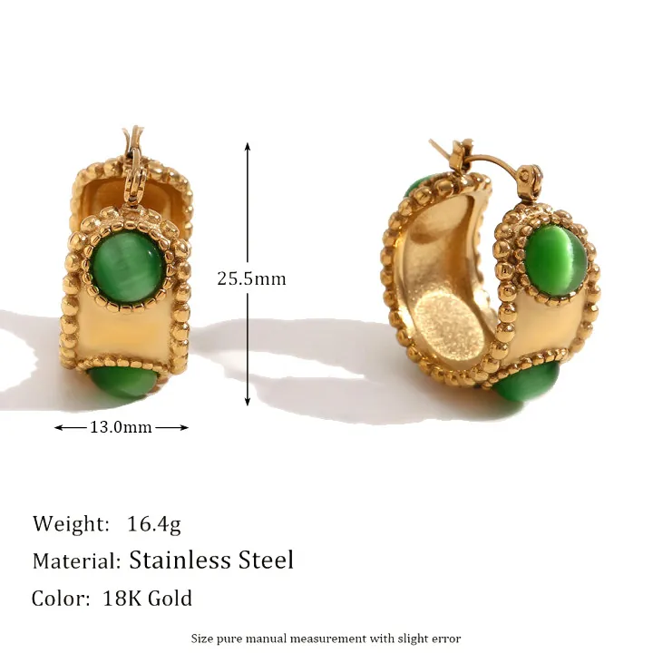 Vintage C Shape Hoop Earrings 18K Gold Plated Stainless Steel With Natural Stone Agate Bead Edge Geometric For Women