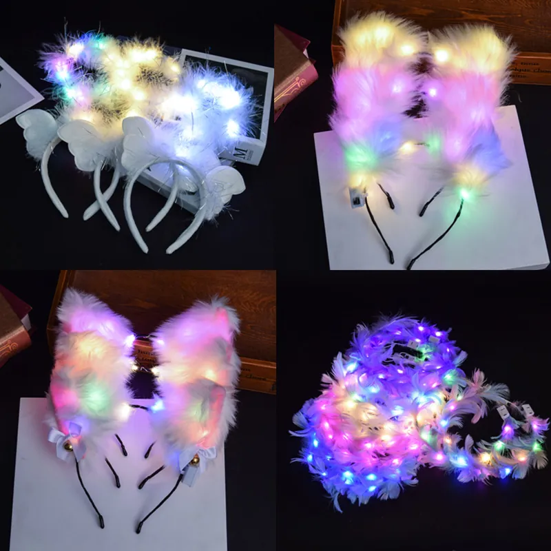 LED Glowing Headband Light Up Plush Rabbit Cat Ears Feather Angel Wings Reindeer Antler For Party Festival Novelty