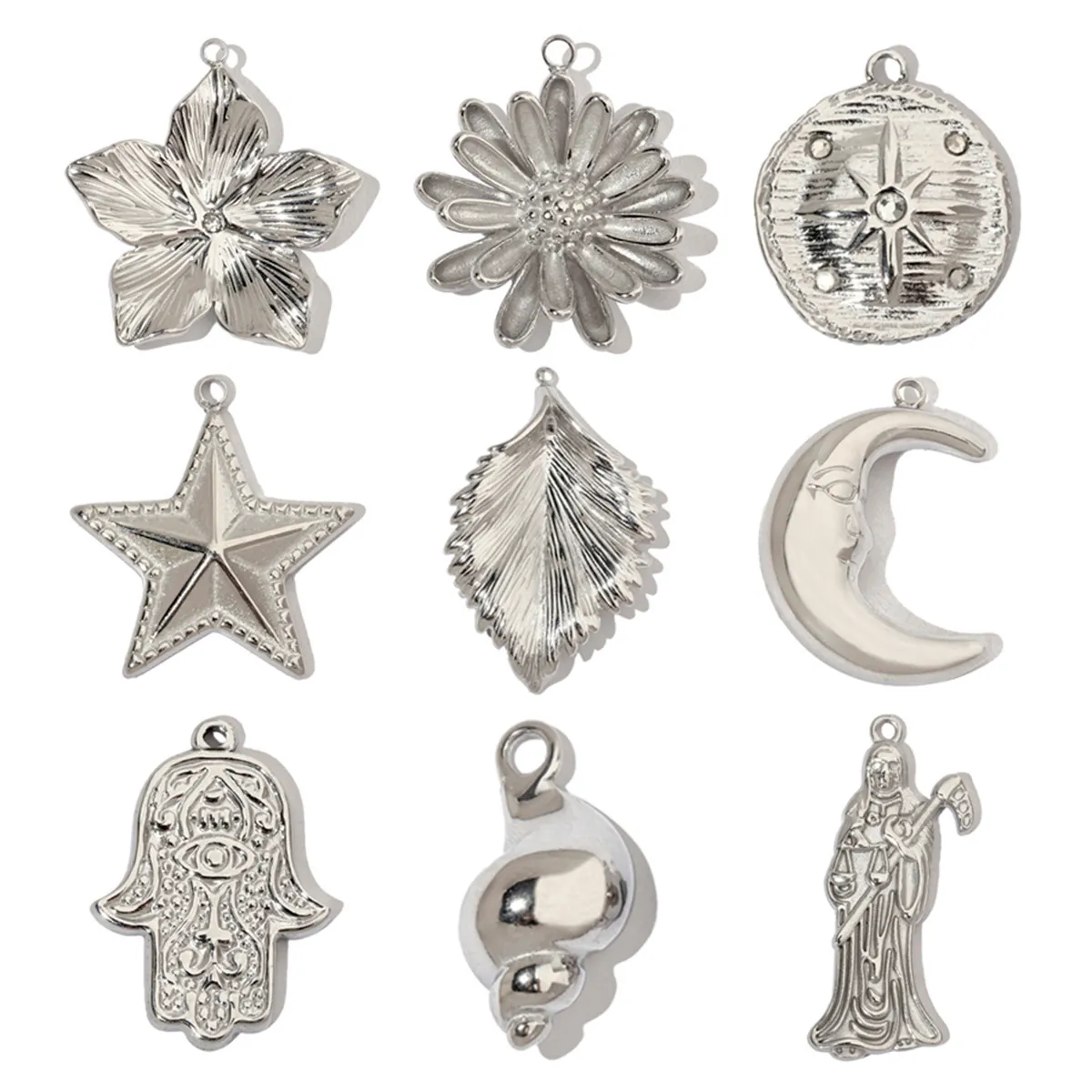 DIY Charms Pendants Stainless Steel Moon Star Leaf Shell Hamsa Hand Evil Eye Vintage Jewelry Making Accessories