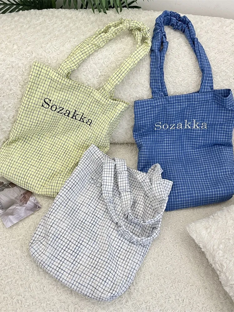 Grid Pattern Tote Bag Polyester Large Capacity Ruched Shoulder Strap Letter Embroidery Korean Style Women Daily Use