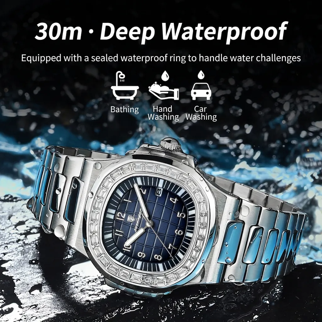 Poedagar Luxury Men's Quartz Watch Luminous Waterproof Stainless Steel Strap Square Case Calendar Rhinestone Business Wristwatch