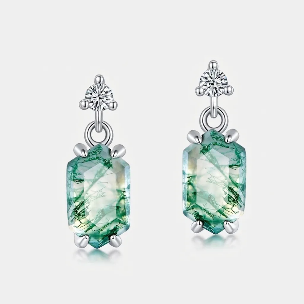 Orecchini Pendenti In Agata Muschiata Verde Con Perno In Argento Sterling 925 Taglio Esagonale Gioielli Geometrici Vintage Per Donne