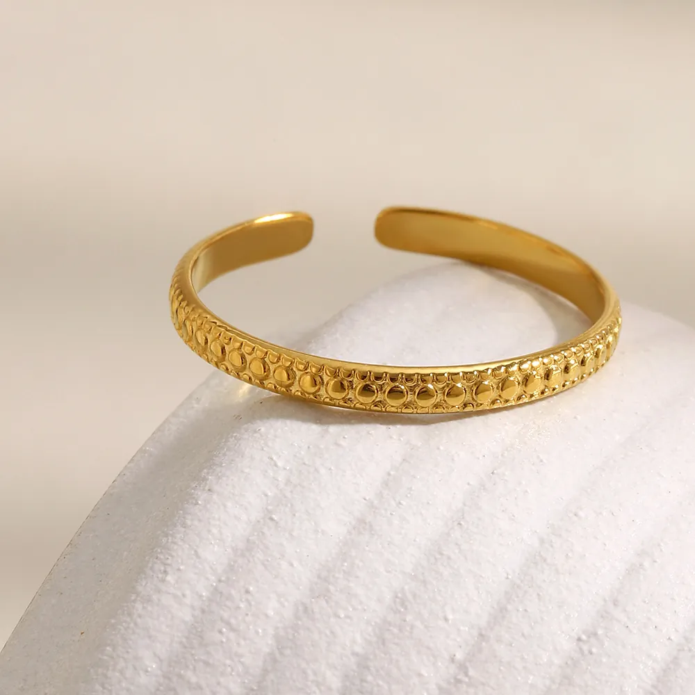 Minimalist 18K Gold Plated Stainless Steel Open Ring Thin Bead Texture Embossed Dot Fashion Chic Jewelry For Women