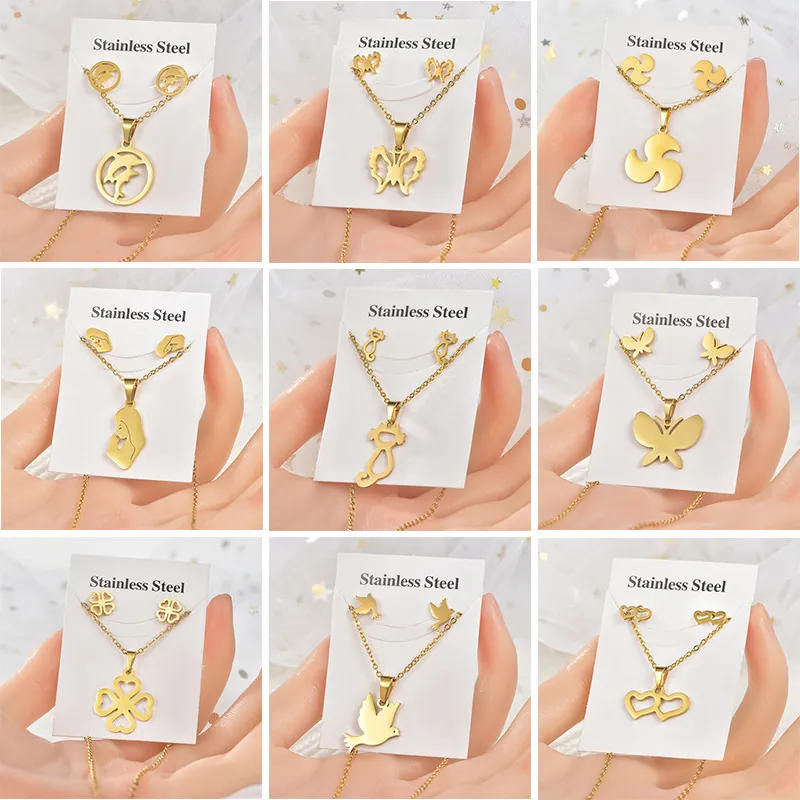 Stainless Steel Necklace And Stud Earrings Animal Butterfly Heart Clover Pattern Jewelry Women Fashion Minimalist Accessory