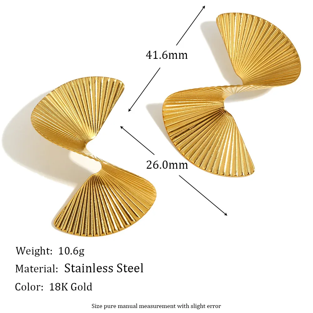Twisted Fan Shape Earrings Stainless Steel 18K Gold Plated Geometric Textured Spiral Chic Modern Jewelry For Women