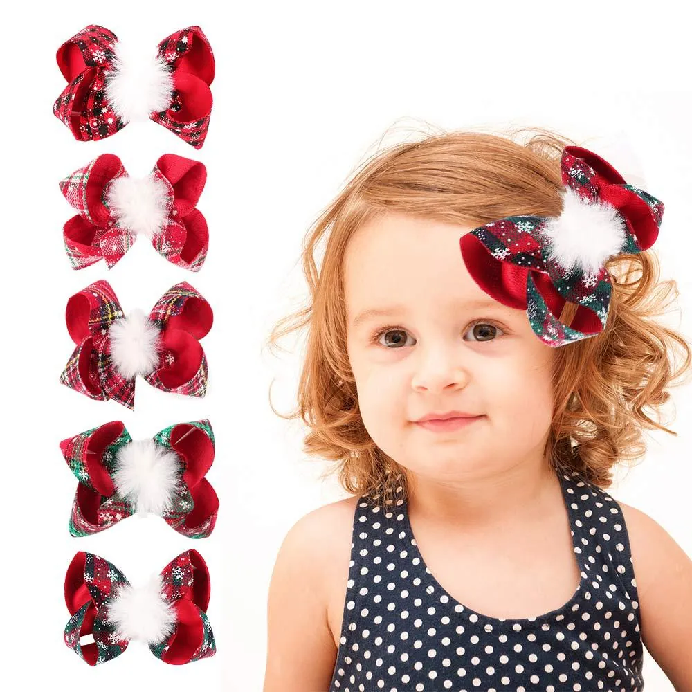 Christmas Bow Hair Clips Fabric Plaid Snowflake Patterns White Plush Ball Holiday Party Accessories For Kids Girls