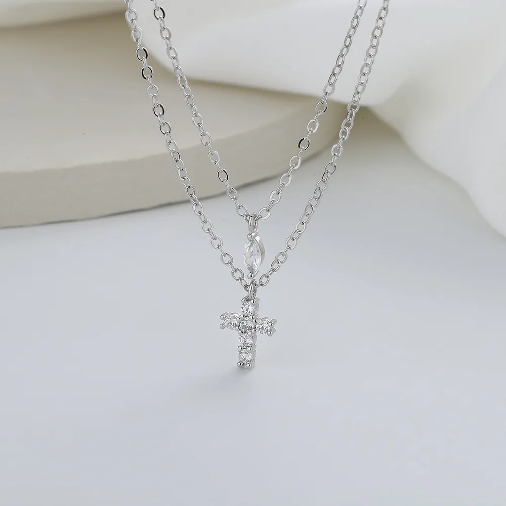 Double Layer Cross Teardrop Zirconia Pendant Necklace For Women Copper Electroplated Gold Silver Fashion Jewelry Clavicle Chain