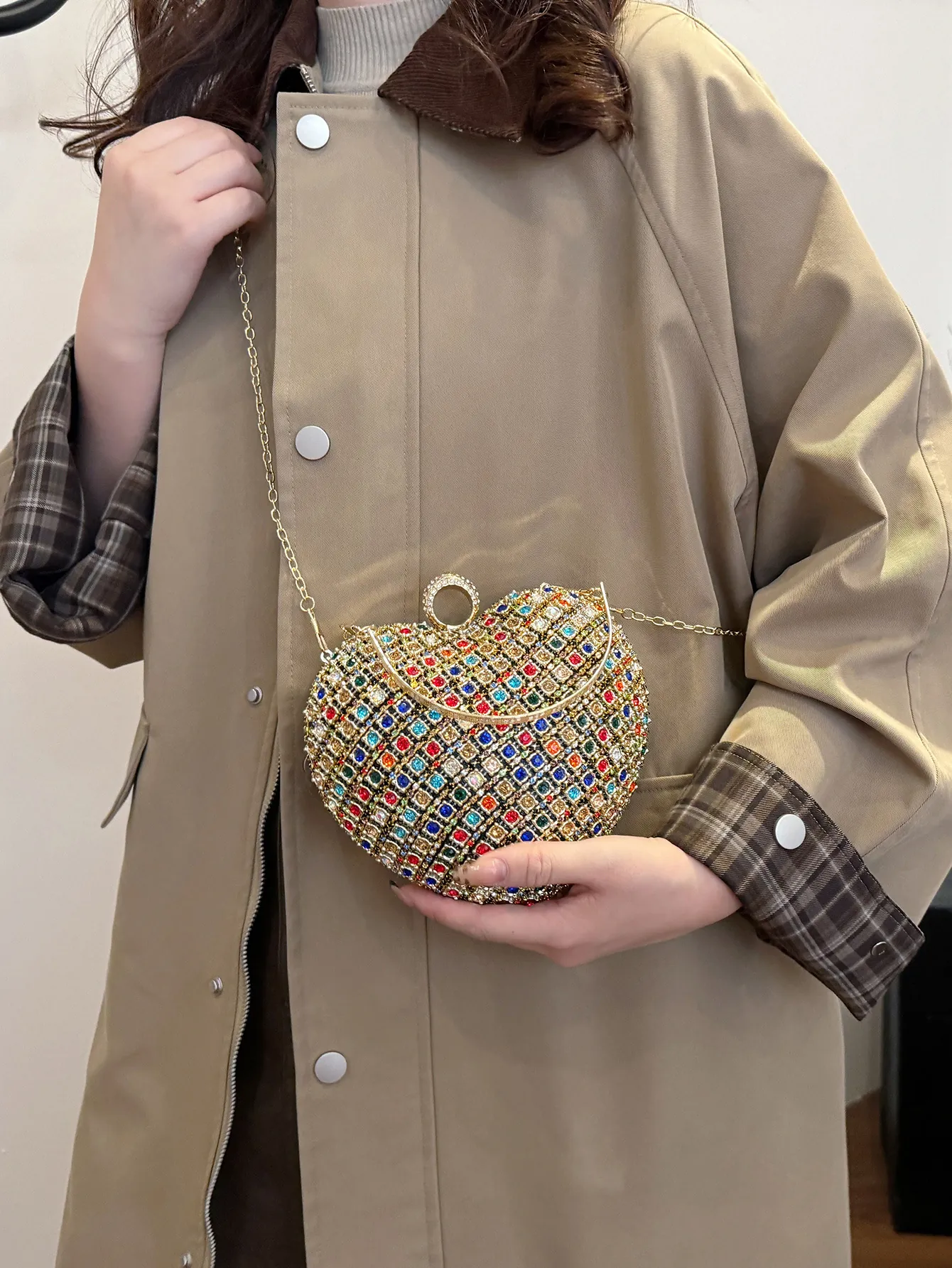 Heart Shaped Evening Bag Full Rhinestone Sparkling Clutch With Detachable Metal Chain For Wedding Party Formal Event