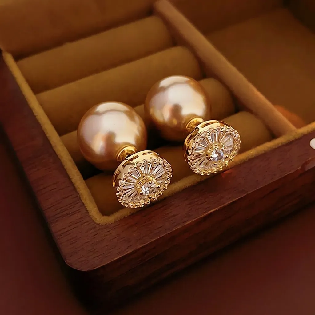 Boucles D'oreilles En Cuivre À Rayon De Soleil En Zircone Cubique Et Künstliche Perle D'imitation Double Face Avec Tige En Argent
