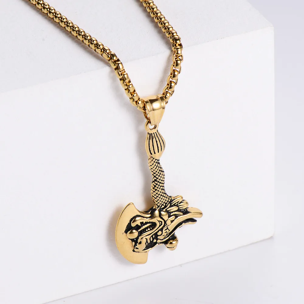 Men Vintage Dragon Axe Pendant Necklace 304 Stainless Steel Gold Plated Retro Viking Punk Gothic Hip Hop Jewelry