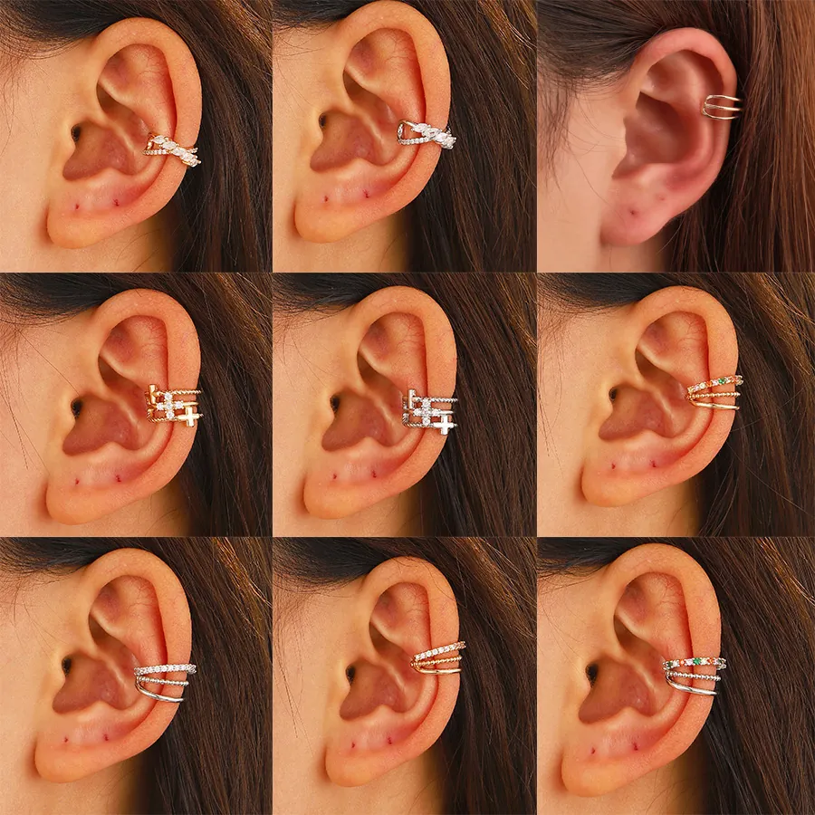 Layered Ear Cuffs Copper Cubic Zirconia Non Piercing Clip On Wrap Earrings For Women Geometric Minimalist Simple