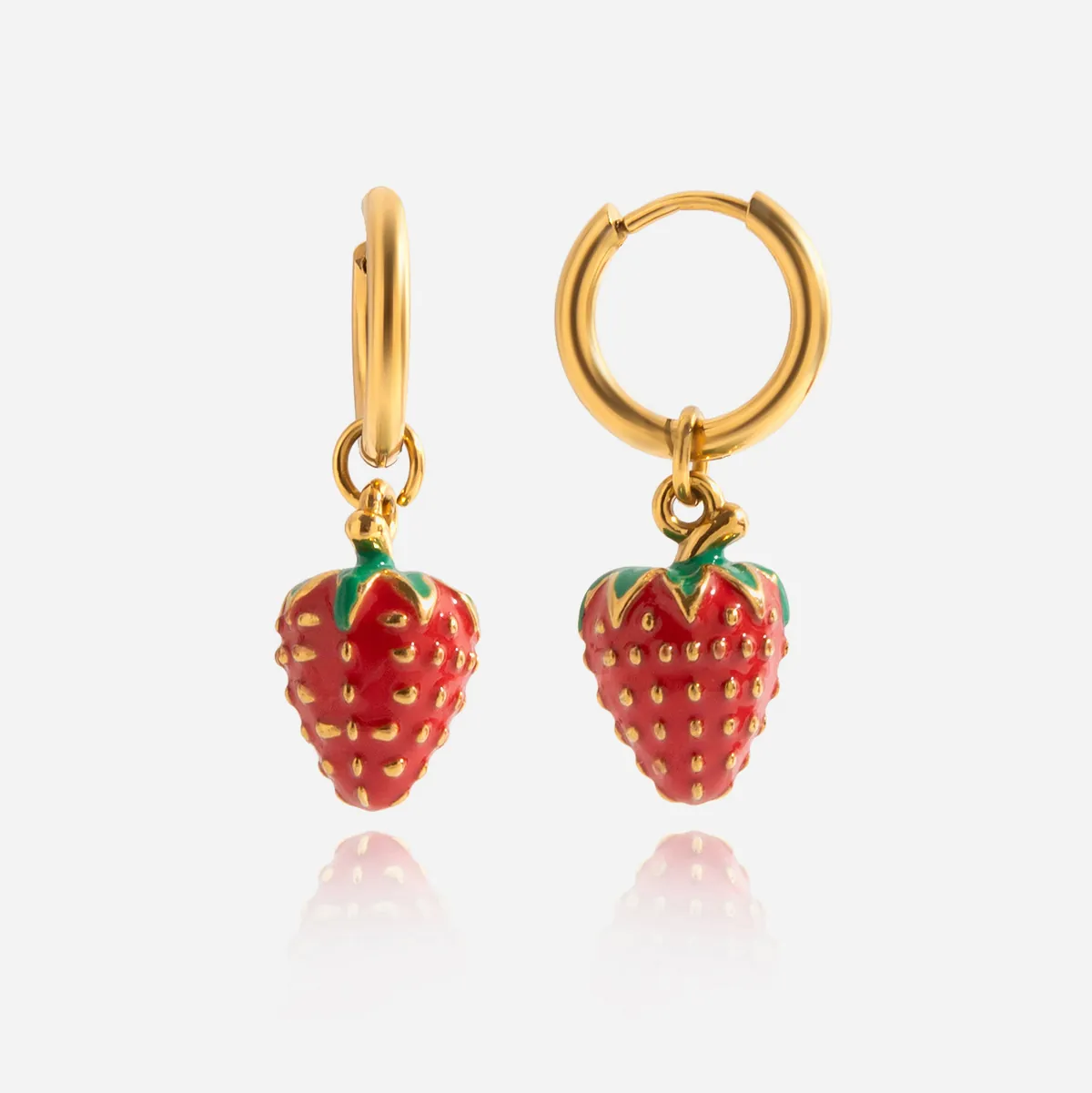 Strawberry Pendant Hoop Earrings 18K Gold Plated Stainless Steel Waterproof Red Enamel Fruit Jewelry For Women Gift