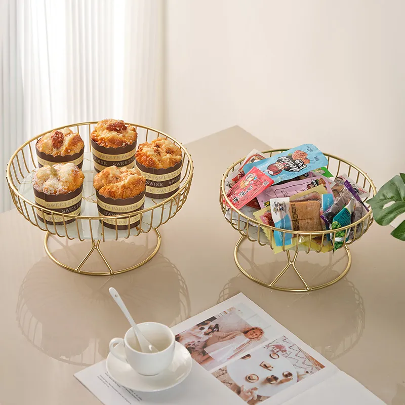 Round Fruit Plate Metal Iron Basket With Marble Pattern Base Pedestal Snack Dessert Storage Stand Modern Luxury Home Decor