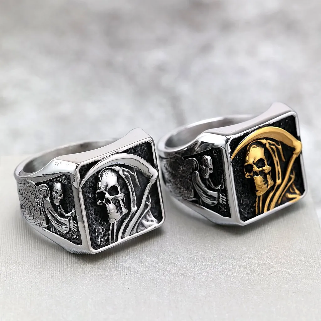 Grim Reaper Scythe Skull Ring Stainless Steel Gothic Punk Retro Signet Relief Wings Jewelry For Men Women
