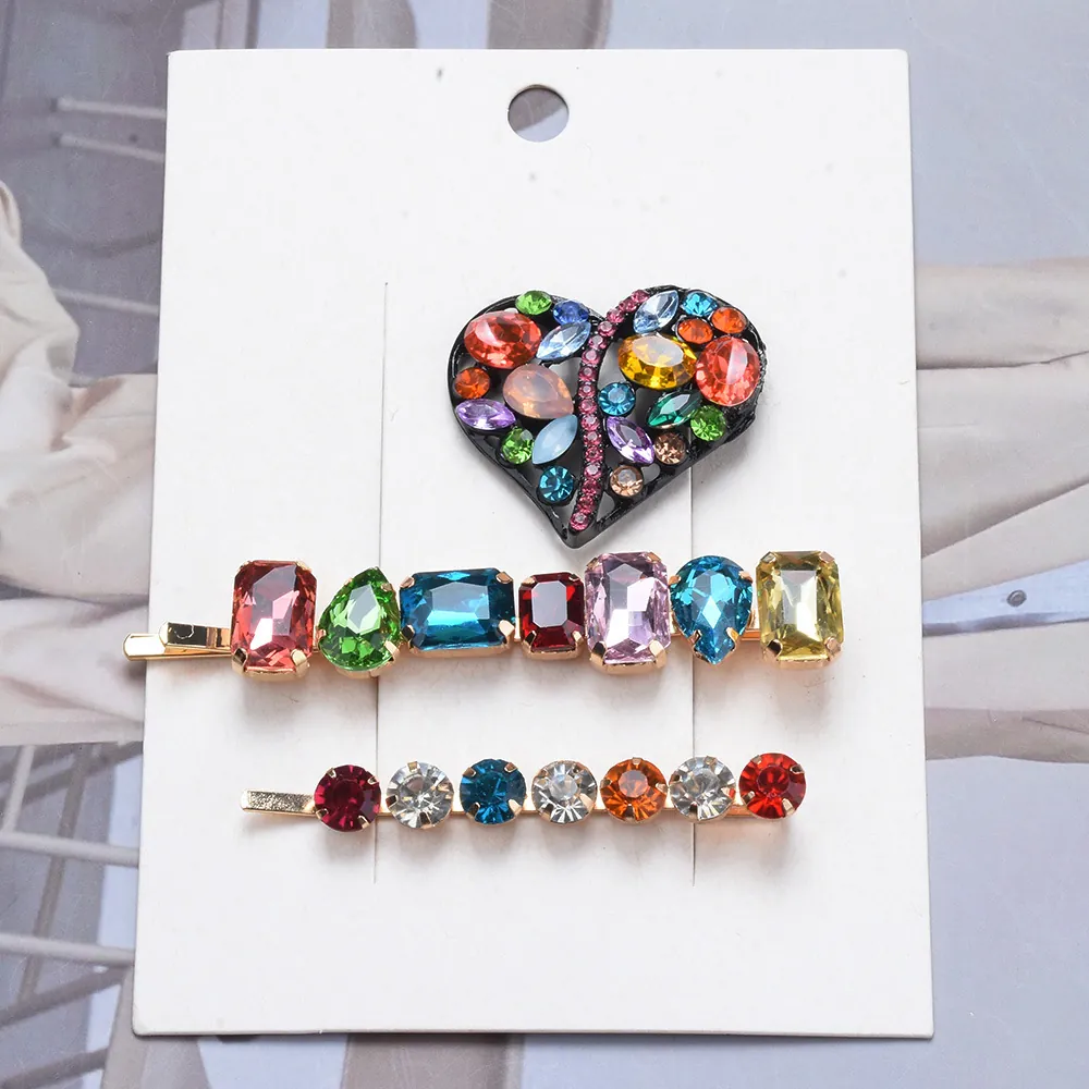 3Pcs Colorful Glass Gemstone Heart Hair Clip Set Rhinestone Alloy Bobby Pins Fashion Hair Accessories For Women Party Daily