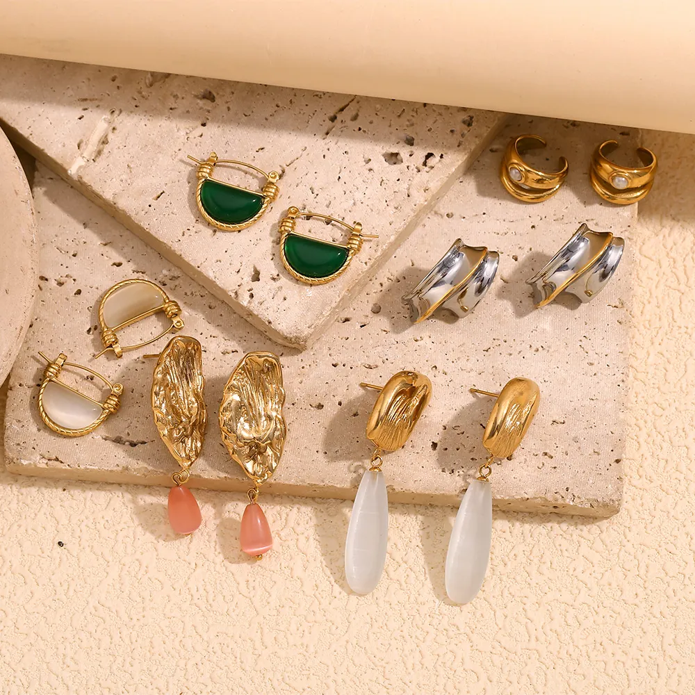 Boucles D'oreilles Géométriques Rétro En Acier Inoxydable Plaquées Or 18K Pierre Naturelle Agate Goutte D'eau Pour Femmes