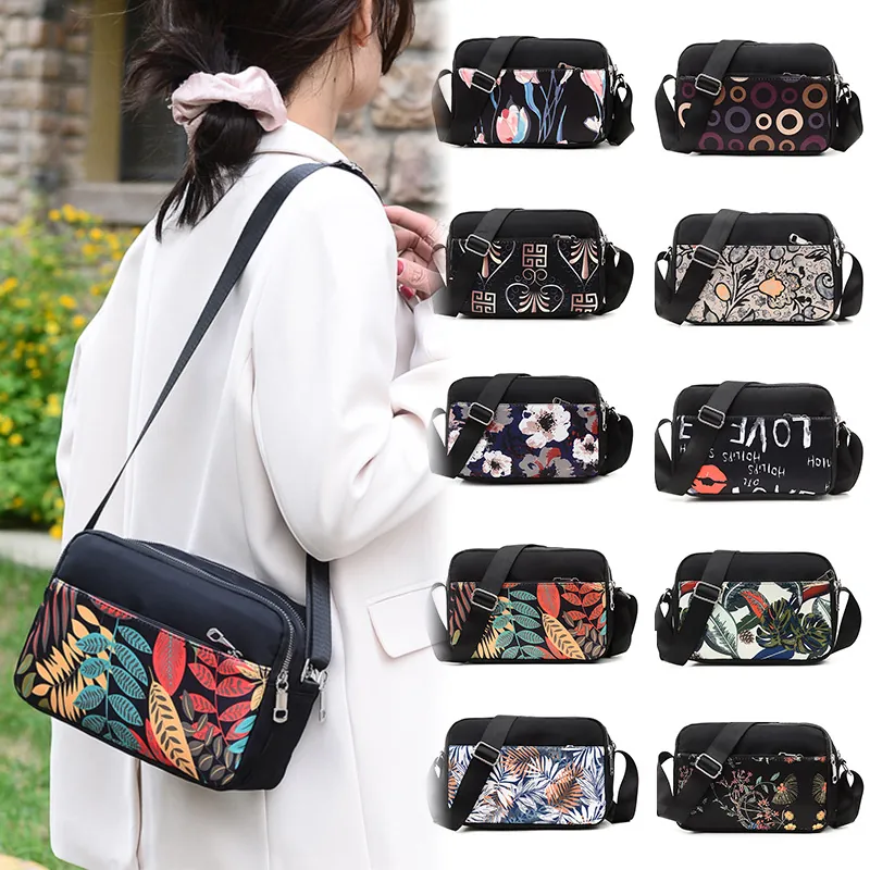 Women Printed Crossbody Bag Waterproof Nylon Multi Compartment Shoulder Bag Casual Lightweight Floral Pattern Handbag