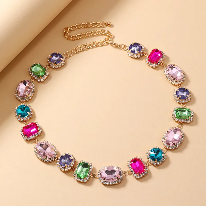 Vintage Geometric Alloy Necklace And Earrings Colorful Rhinestone Faux Gemstone Chic Jewelry For Women