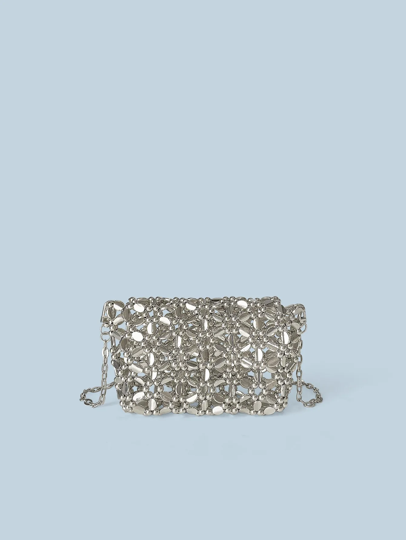 Silver Metallic Beaded Mini Crossbody Bag Handmade Hollow Out Chain Strap Fashion Evening Accessory Pouch