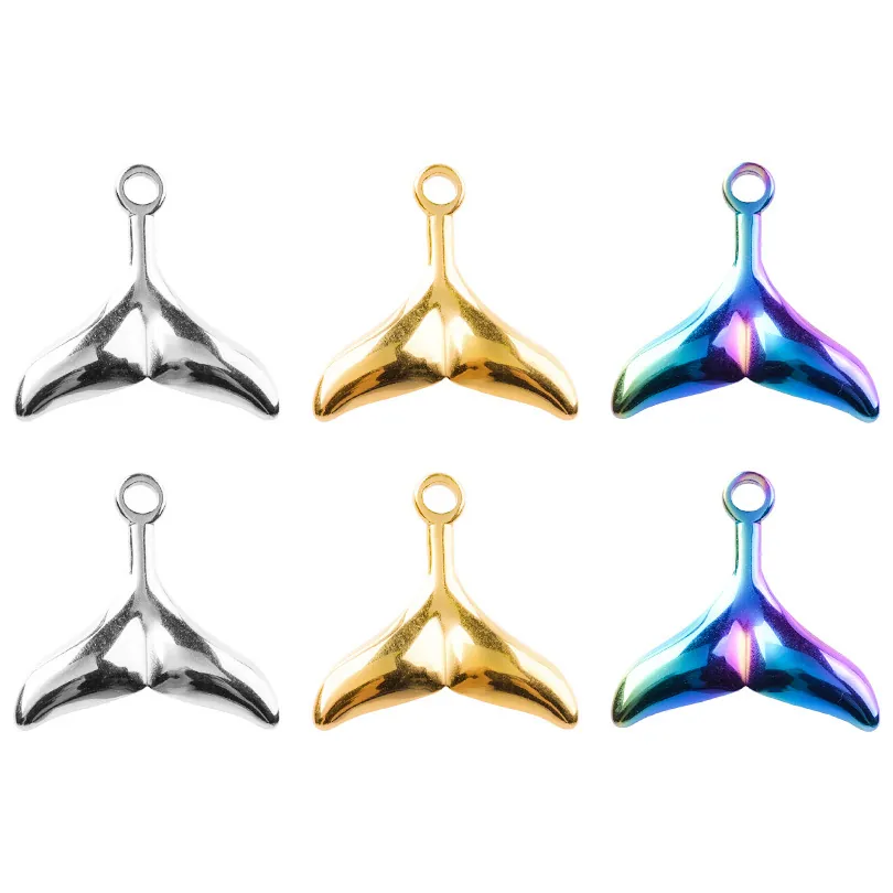 Whale Tail Pendant 304 Stainless Steel Fishtail Charms For DIY Jewelry Making Polished Metal Iridescent Gold Silver