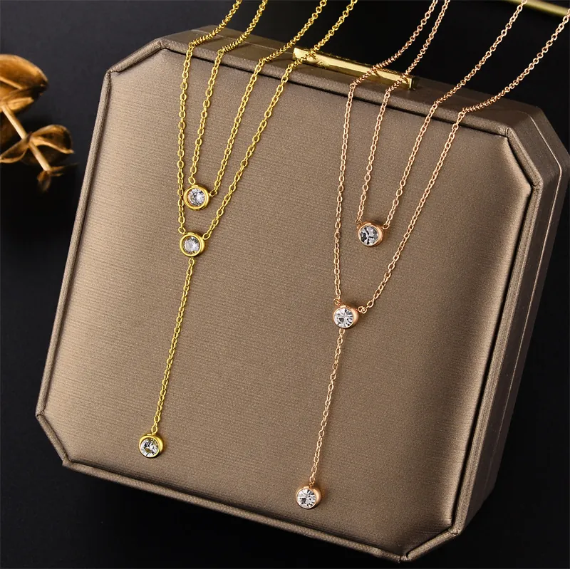 Titanium Steel Double Layer Necklace Round Rhinestone Pendant Tassel Choker For Women Elegant Minimalist Jewelry Gift