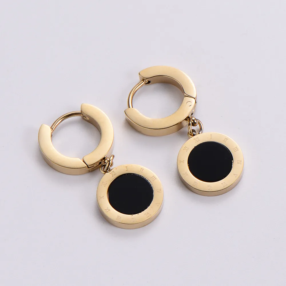 Stainless Steel Huggie Hoop Earrings Gold Plated Round Black Pendant Roman Numerals Retro Vintage Style Women