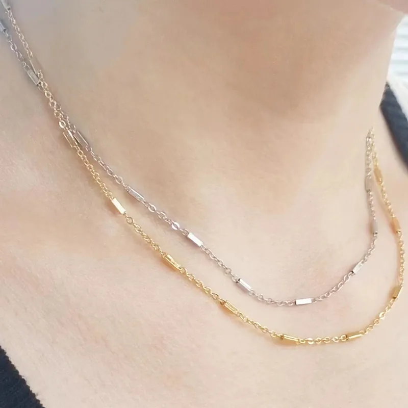 Minimalist Brass Gold Plated Bamboo Chain Necklace For Women Elegant Geometric Square Pendant Choker Daily Jewelry Gift