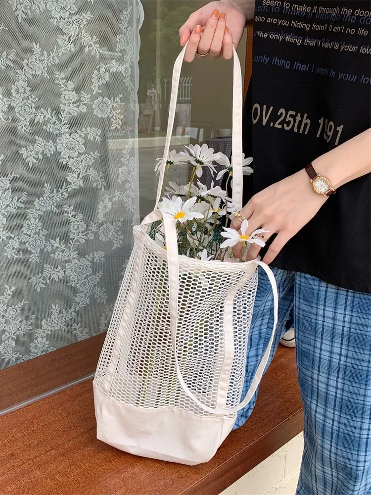 Hollow Out Mesh Canvas Tote Bag Large Capacity Shoulder Bag For Beach Shopping Minimalist Style Women