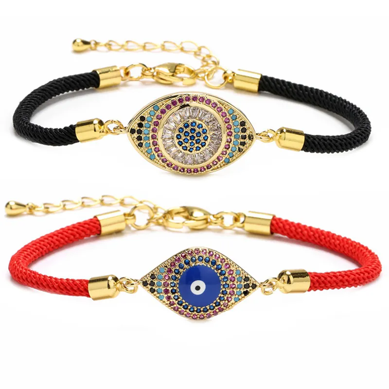 Bracelet Oeil Maléfique en Corde Tressée pour Femme Cuivre Zircon Coloré Ajustable Bijou Bohème Ethnique Protection Amulette Bracelet Cadeau
