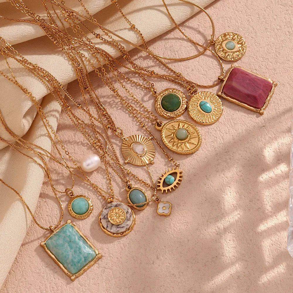 Vintage Stainless Steel 18K Gold Plated Necklace For Women Natural Stone Shell Evil Eye Pendant Palace Style Jewelry Gift