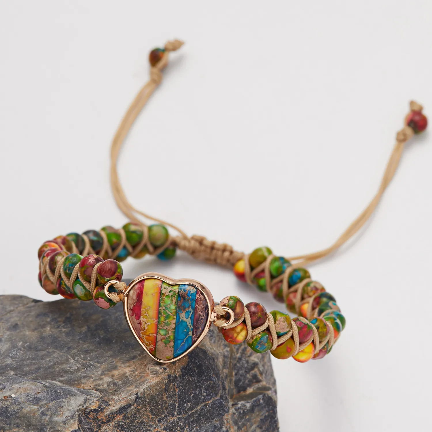 Pulsera Bohemia Hecha a Mano de Jaspe Imperial con Cuentas de Corazón Doble Capa Tejida Yoga Ajustable Piedra Natural para Mujer
