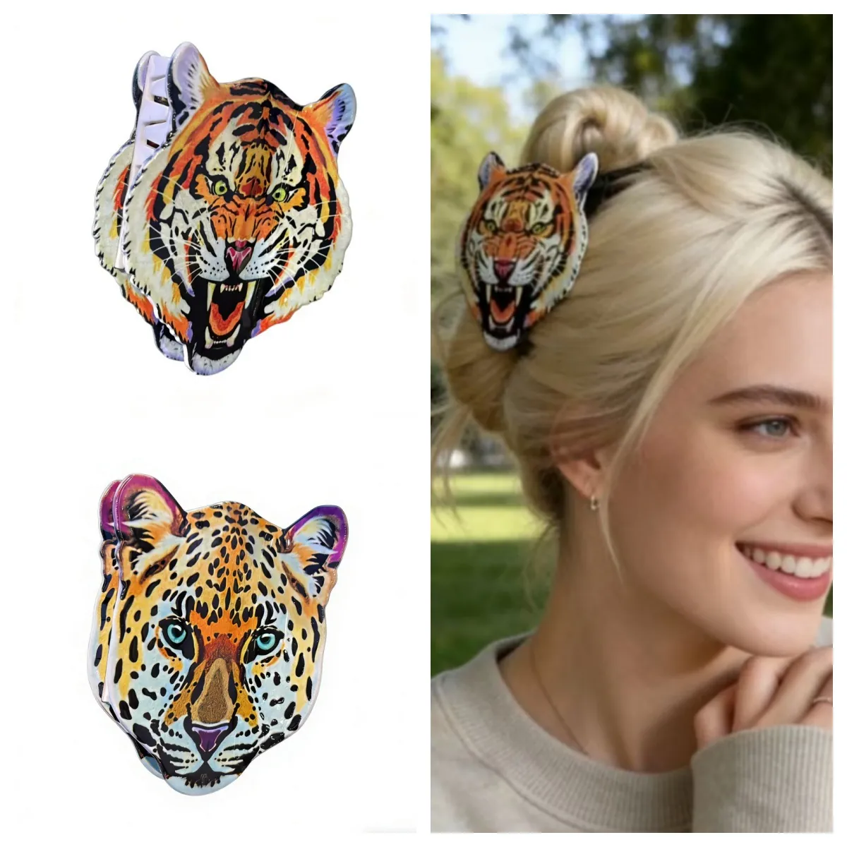 Acrylic Animal Head Hair Claw Clip Tiger Leopard Elephant Pattern Novelty Strong Hold Shark Clip Large Hair Accessory For Women