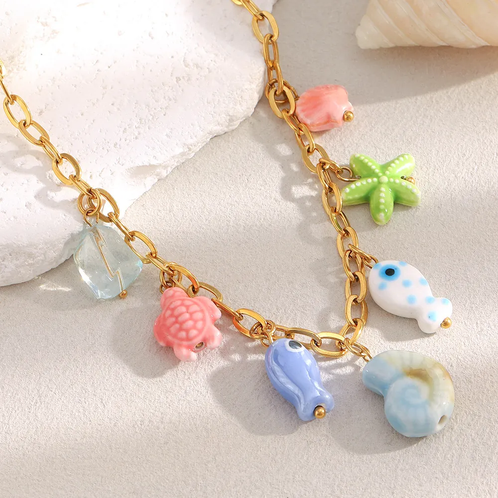 Ocean Theme Necklace 18K Gold Plated Stainless Steel Colorful Ceramic Resin Sea Animal Charms Fish Turtle Shell For Women