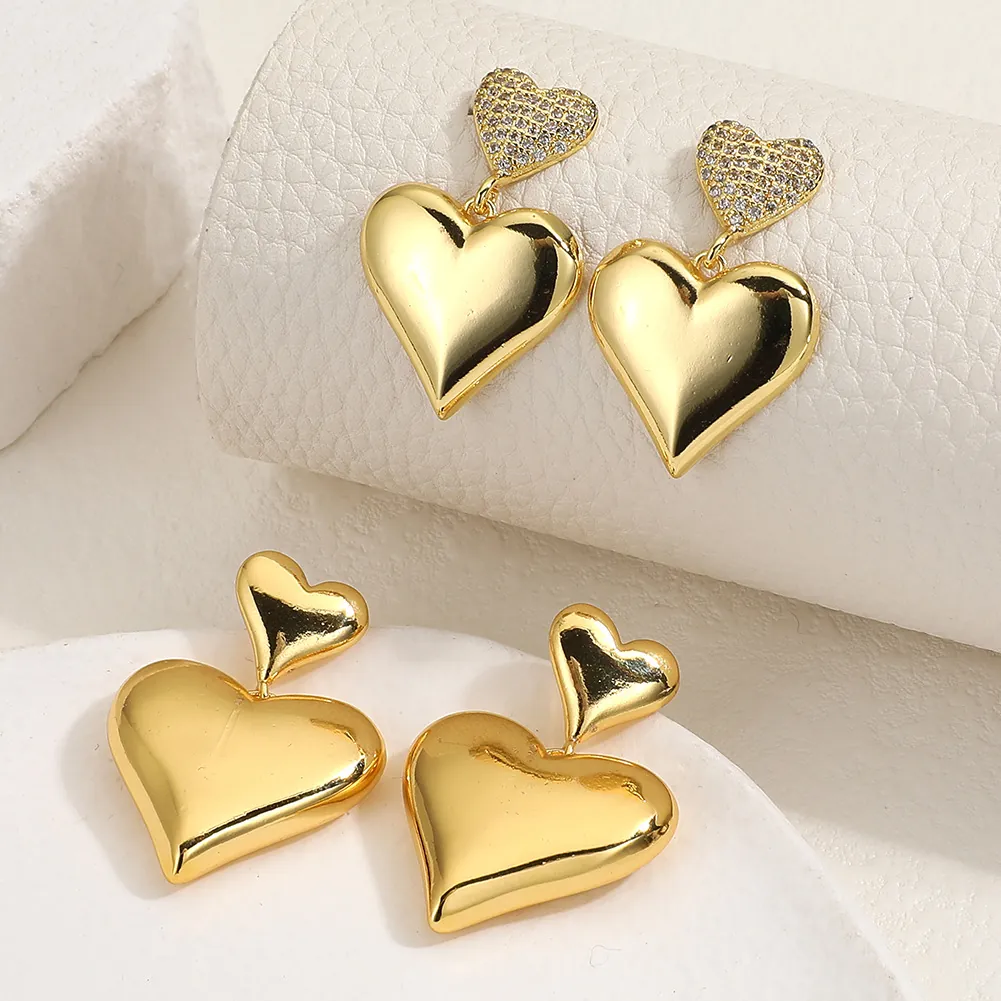 Eleganti Orecchini Pendenti A Doppio Cuore In Rame Placcato Oro 18K Con Zircone Gioielli Minimalisti Per Donne