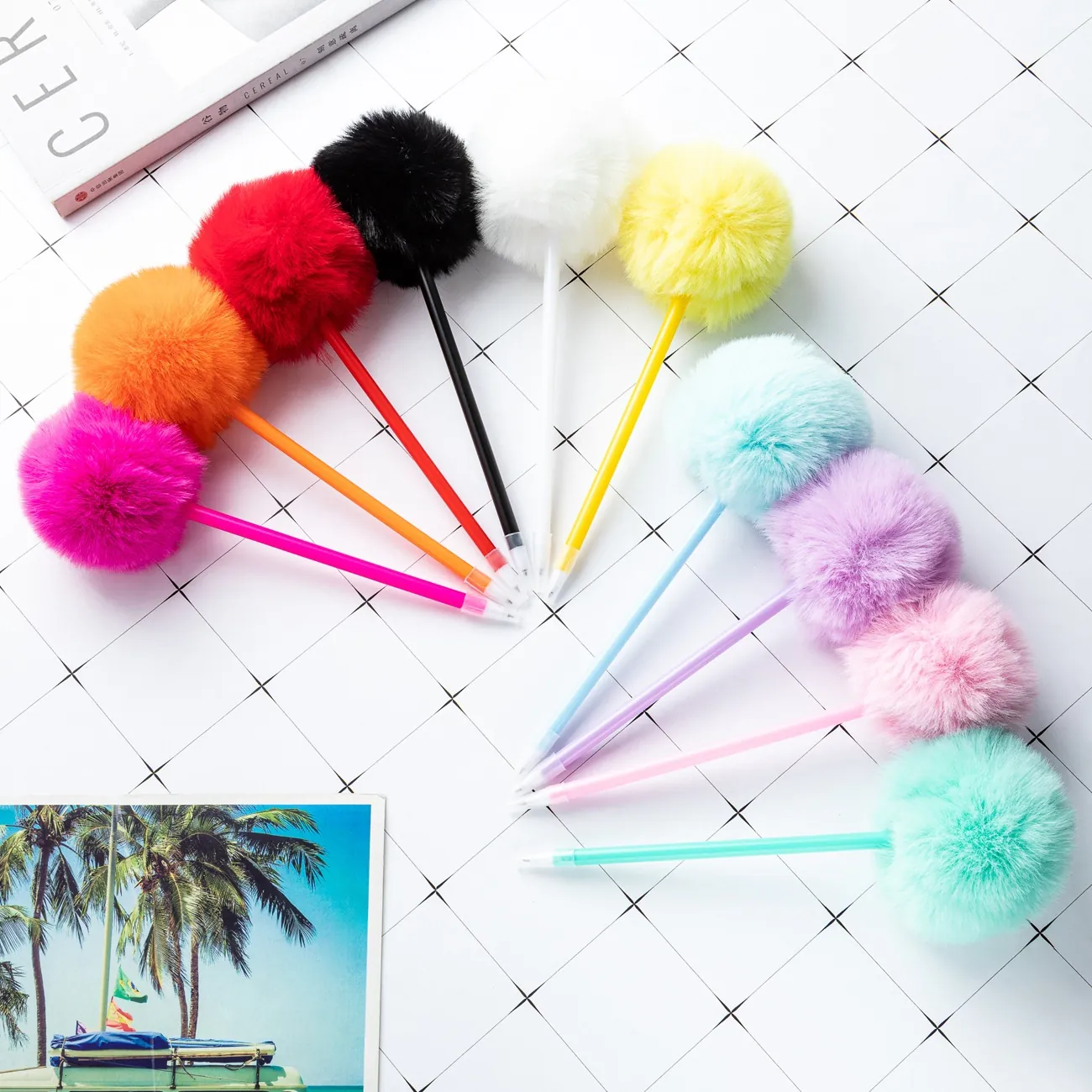 Colorful Ballpoint Pen With Plush Pom Pom Decoration Plastic Cute School Office Writing Stationery For Girls Students