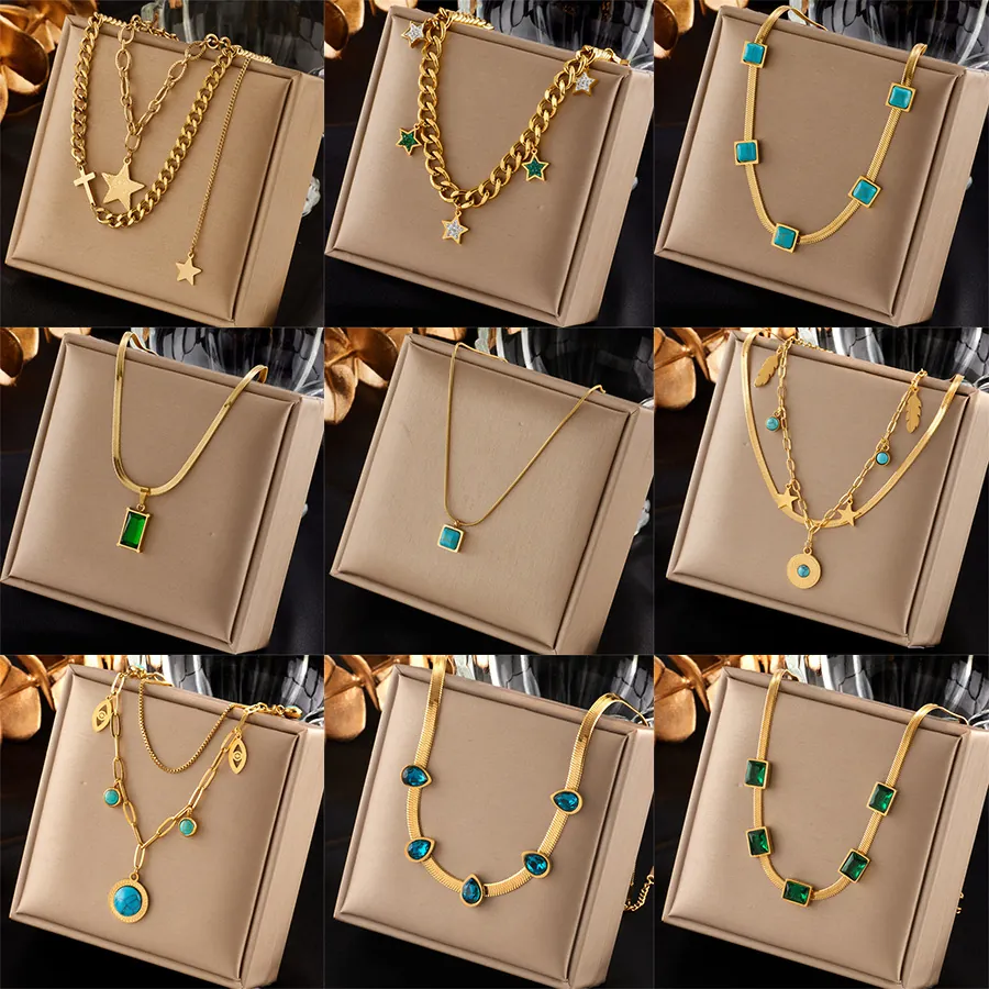 Vintage Stainless Steel Necklace For Women Gold Plated Emerald Zirconia Turquoise Star Pendant Fashion Jewelry Gift