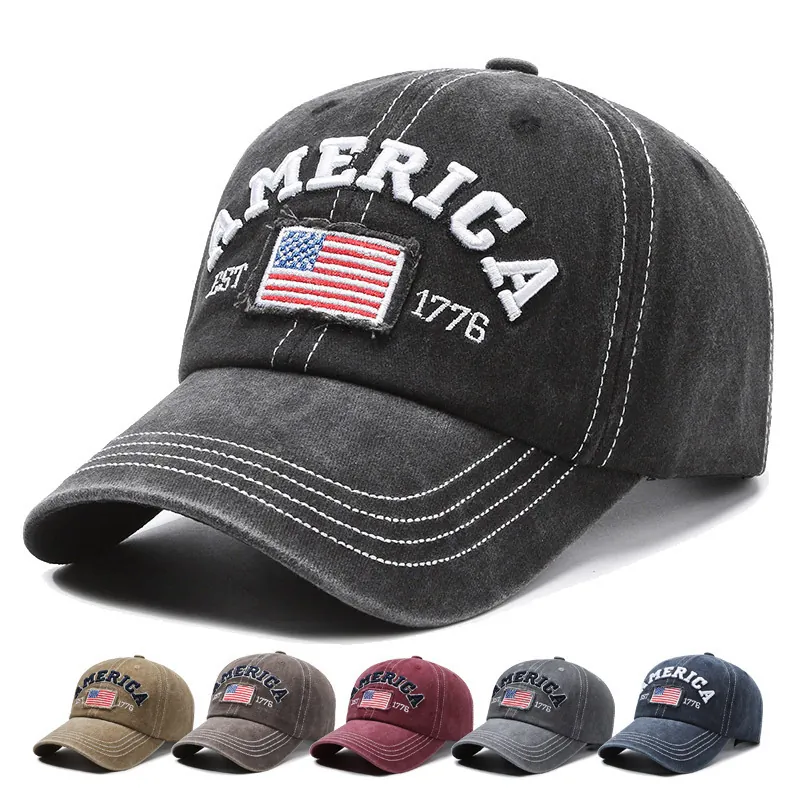 Vintage Washed Cotton Baseball Cap America Embroidered Flag Patch Adjustable Retro Sun Hat For Men Women