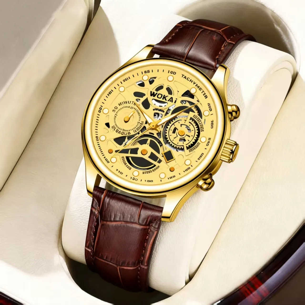 Men Quartz Watch Gold Tone Case Brown PU Leather Strap Hollow Dial Design Business Casual Analog Classic Fashion Accessory