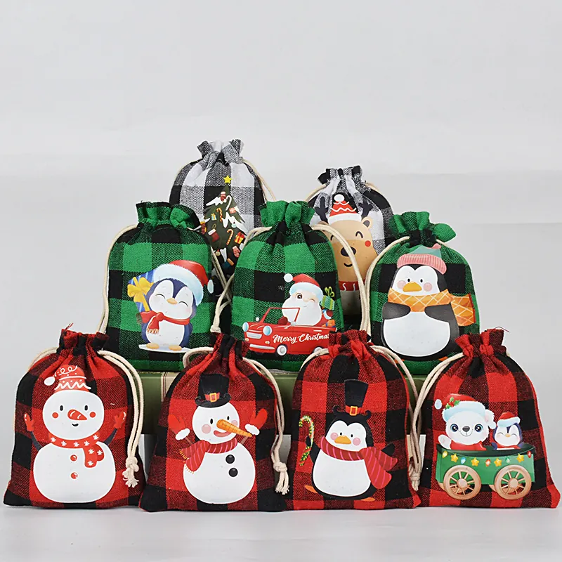 Christmas Drawstring Gift Bags Plaid Cotton Linen Candy Packaging Reindeer Snowman Santa Holiday Storage
