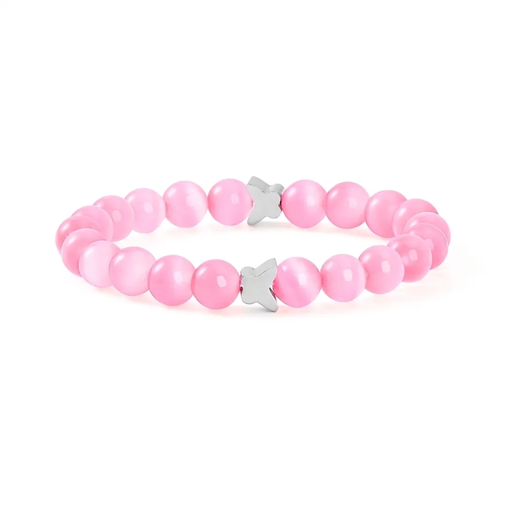 Cat Eye Stone Beaded Bracelet Titanium Steel Butterfly Charm Sweet Minimalist Jewelry For Women Elegant Pink White