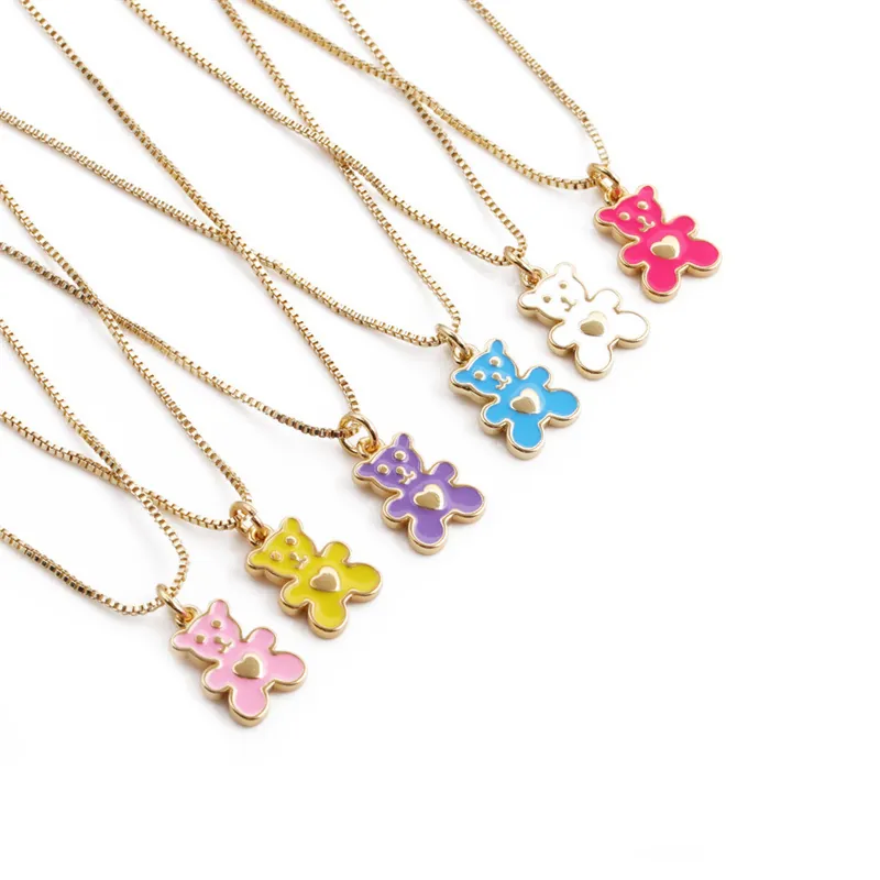 Collier Pendentif Ours En Émail Coloré Cuivre Plaqué Or Cœur Bijoux Dessin Animé Cadeau Pour Femmes Filles