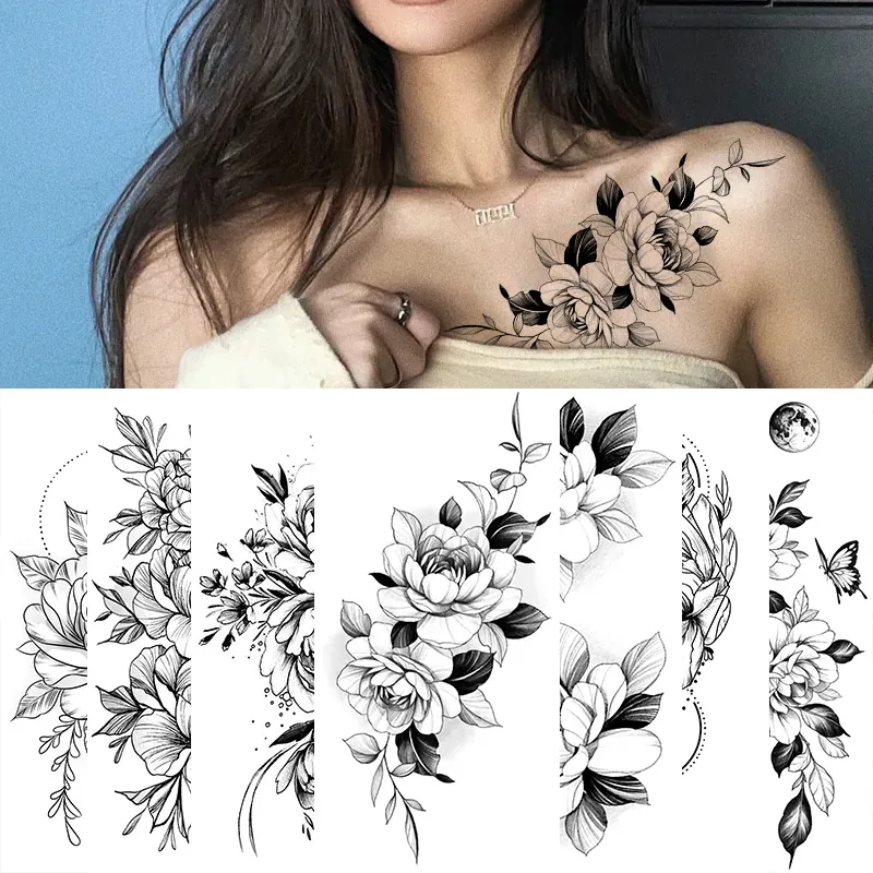 Temporary Tattoo Stickers Paper Black White Sketch Flower Rose Peony Geometric Butterfly Waterproof Body Art Women Men