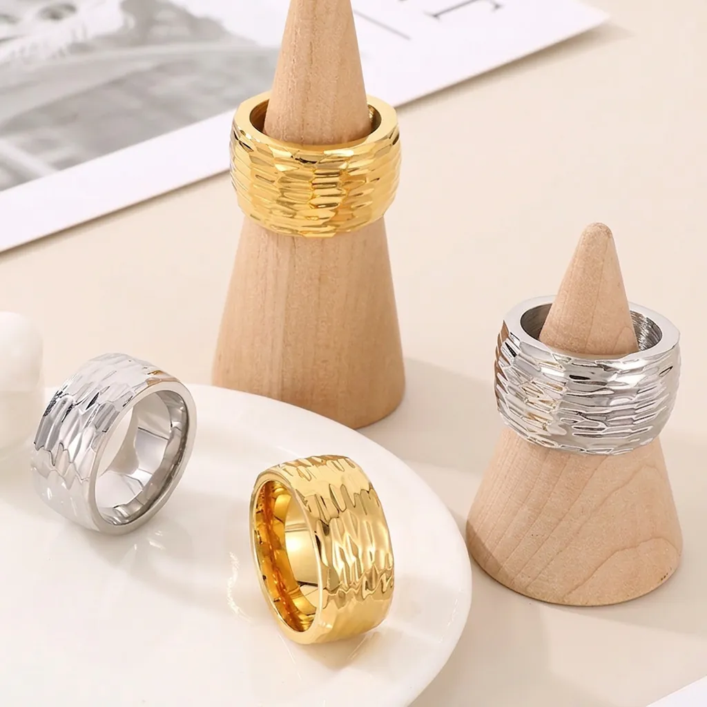 Hammered Texture Stainless Steel Ring Irregular Wavy Wide Band Minimalist Unisex Statement Jewelry