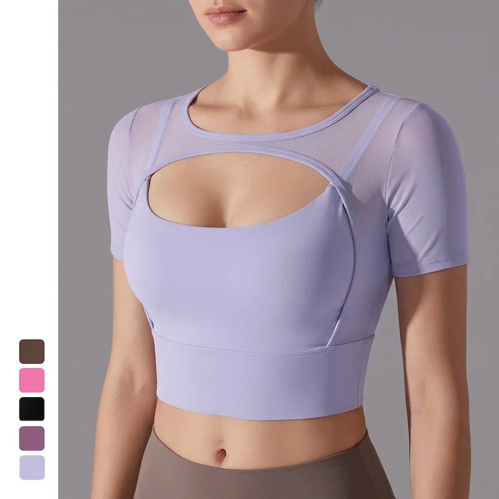 Women Short Sleeve Yoga Top Mesh Stitching Cutout Cropped Sports T-Shirt Tight Breathable Fitness Workout Top
