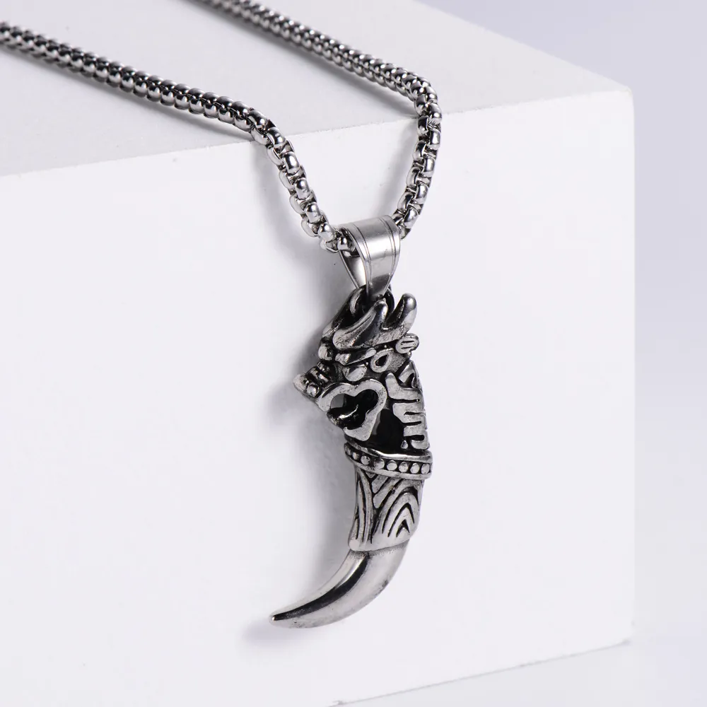 Retro Dragon Head Wolf Tooth Pendant Necklace 316L Stainless Steel Punk Hip Hop Gothic Jewelry For Men