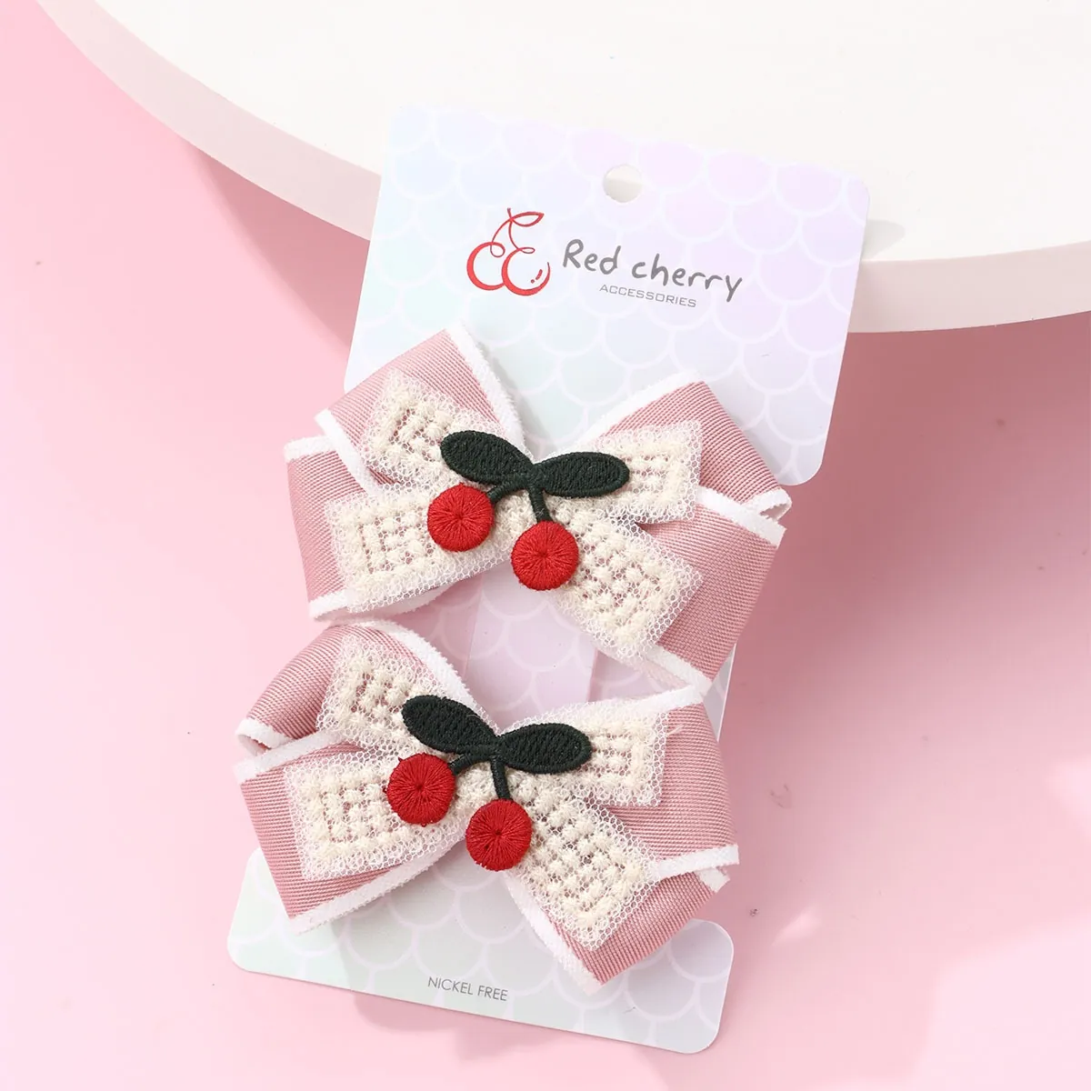 Mollette per Capelli a Fiocco in Nastro Grosgrain Rosa con Ricamo a Ciliegia e Pizzo per Bambina Accessori Decorativi