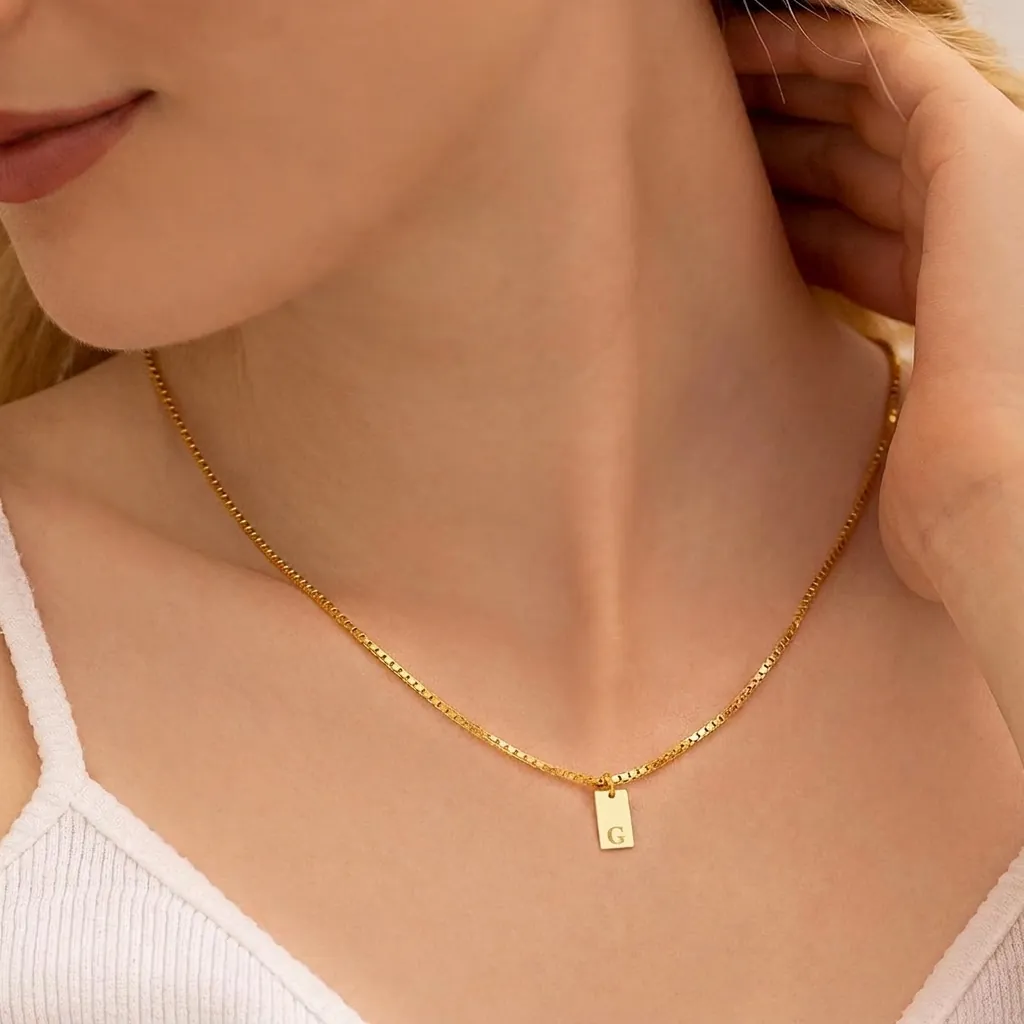 Stainless Steel Initial Letter Pendant Necklace Gold Plated Personalized Rectangular Square Plate Box Chain For Women