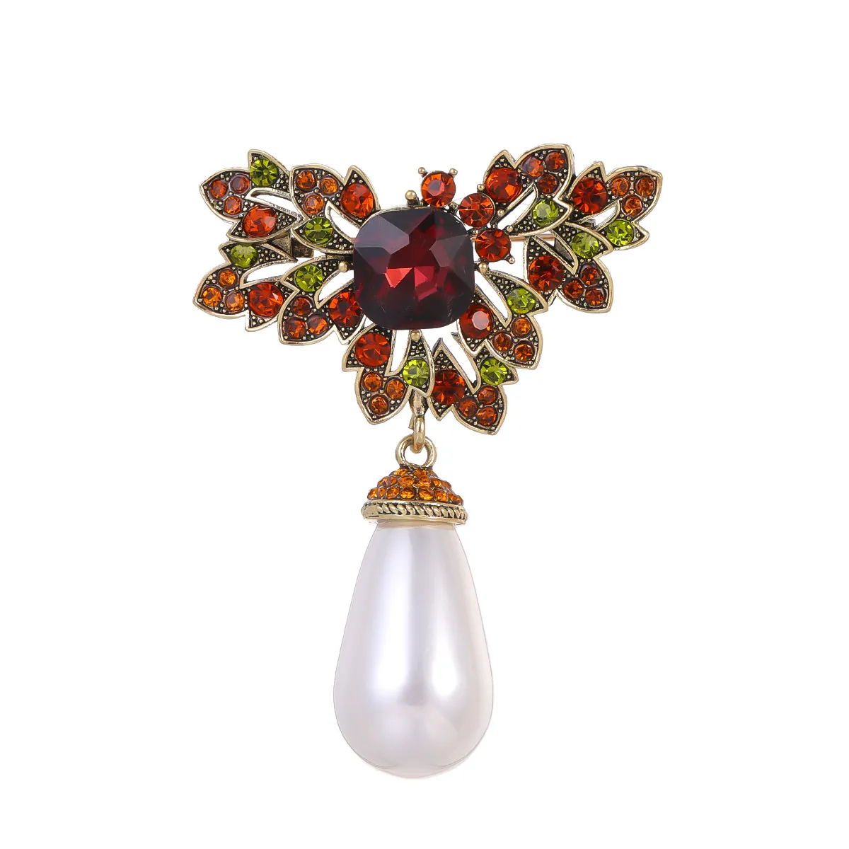 Vintage Flower Butterfly Brooch Alloy Rhinestone Crystal Large Teardrop Faux Artificial Pearl Pendant Luxury Retro Jewelry For Women