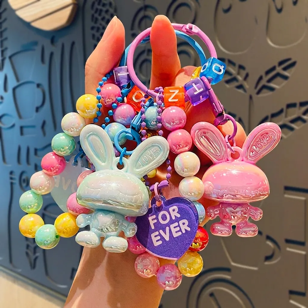 Cartoon Rabbit Keychain Bracelet Electroplated Acrylic Colorful Beaded Heart Pendant Bag Charm Pearlescent Cute Bunny
